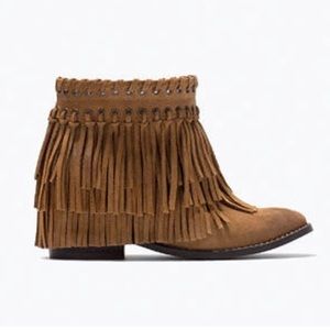 Zara Suede Finge Boho Wedge Ankle Boots 9